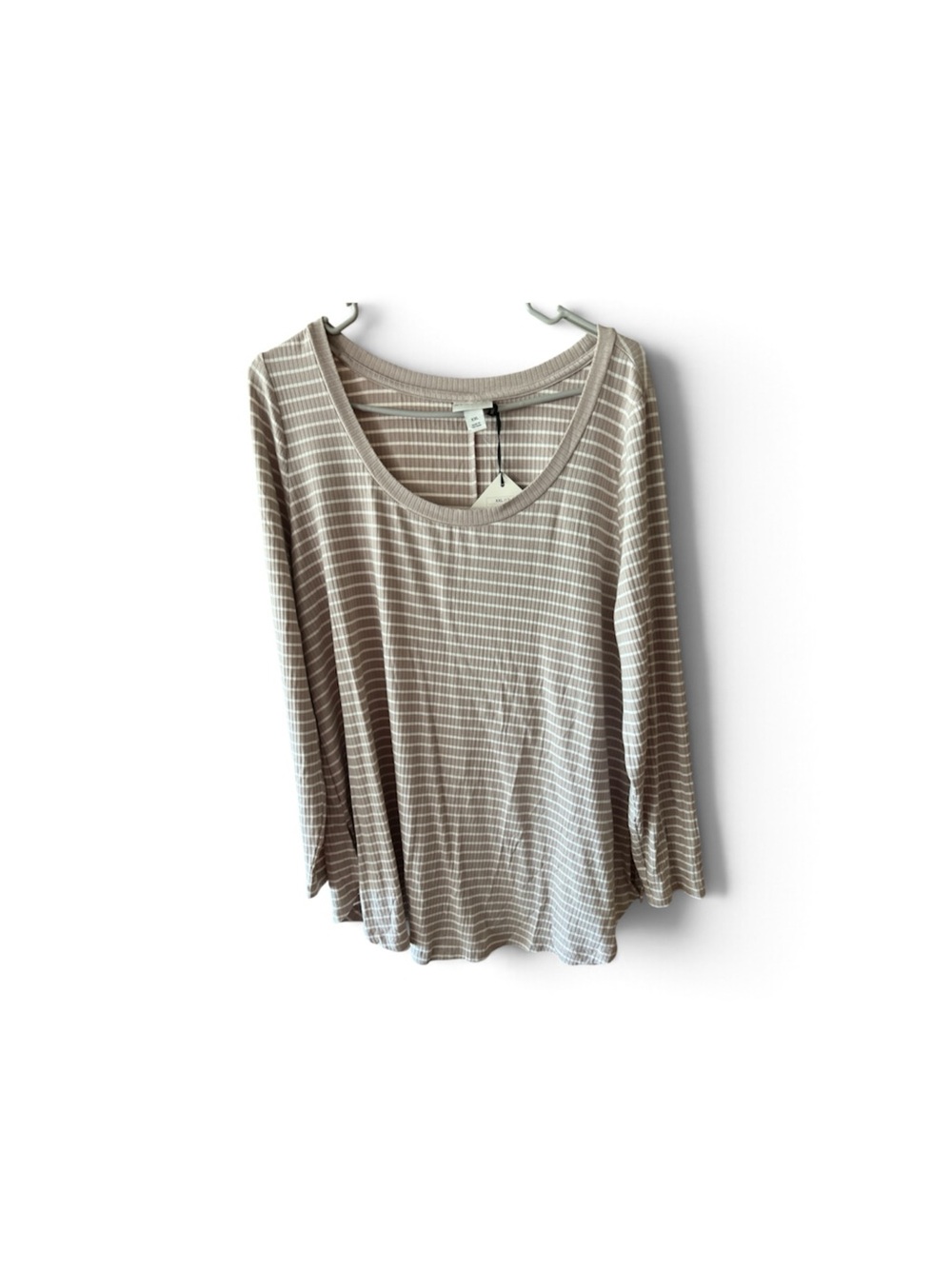 Women’s Taupe and White Striped Long-Sleeve Scoop Neck Top